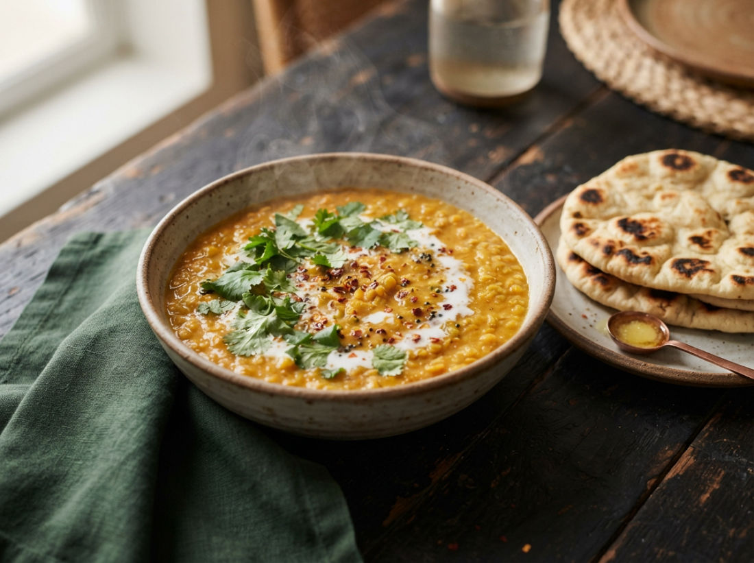 Rotes Linsen-Dal mit Koriander und Naan