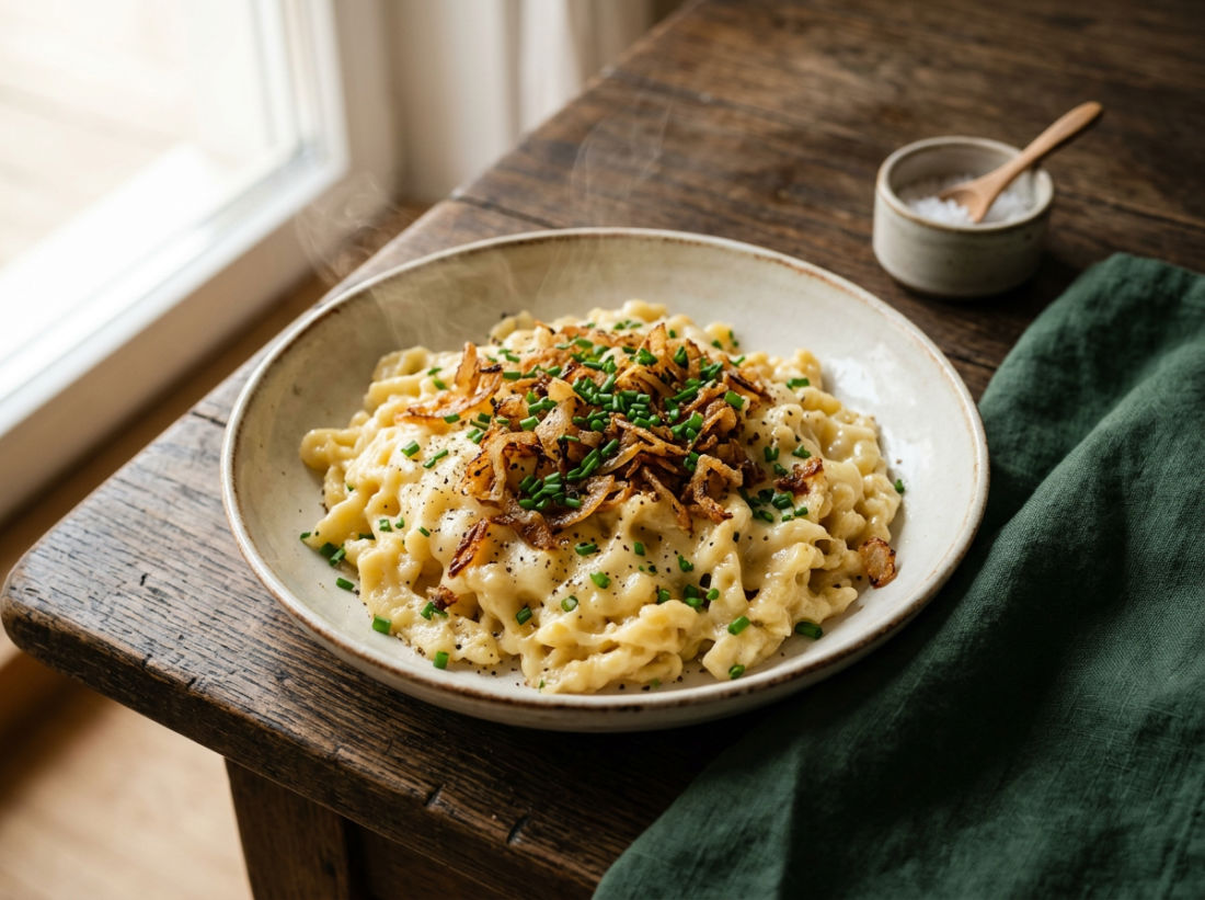 Käsespätzle mit Röstzwiebeln auf rustikalem Teller